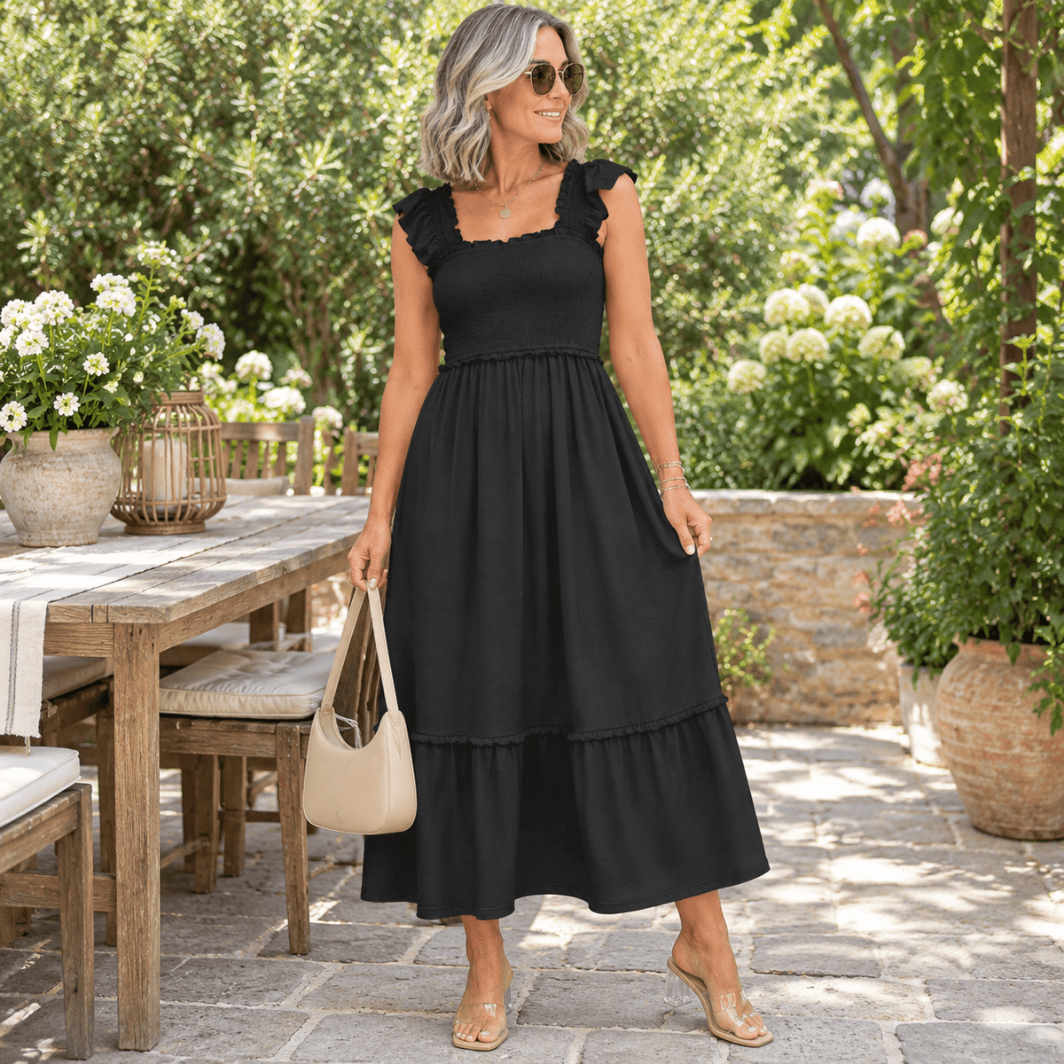thumbnail image 4 of Womens Black Medium Smocked Maxi Dress Summer Sleeveless Flowy Boho Sundress, 4 of 6