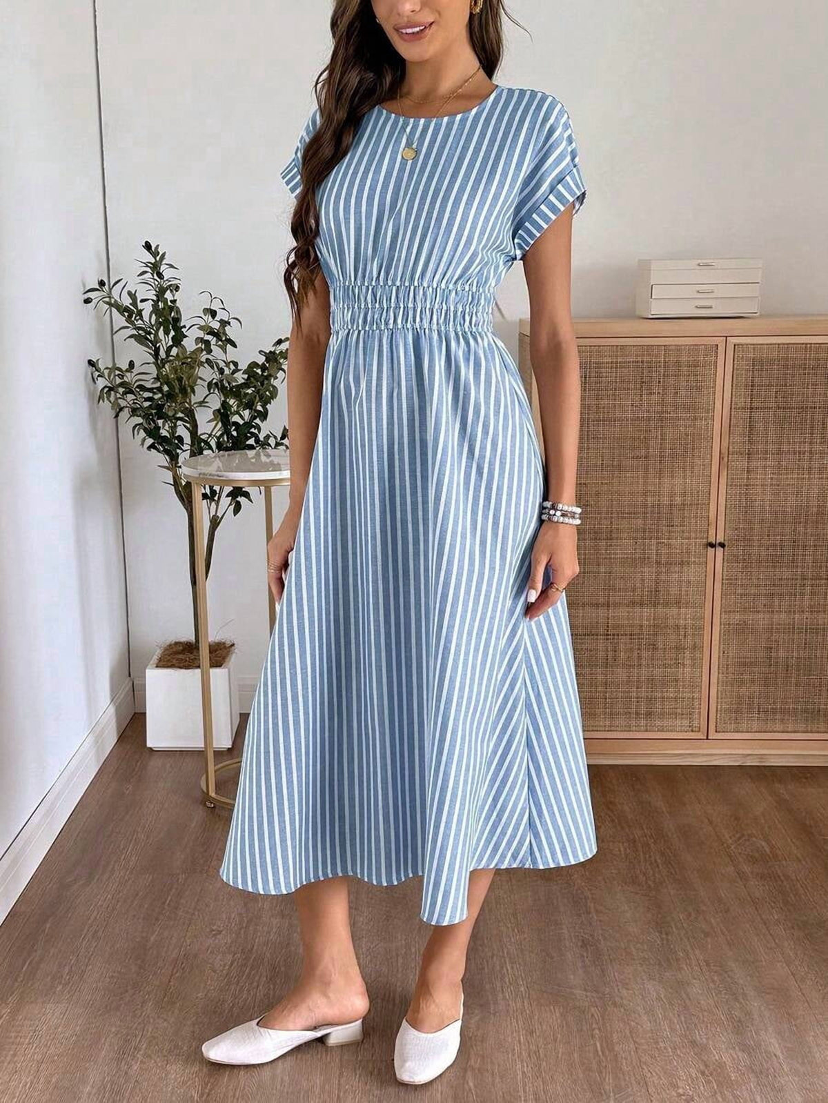 thumbnail image 4 of Womens Blue And White Striped Ruched Waist Midi Dress Summer Vacation, 4 of 9