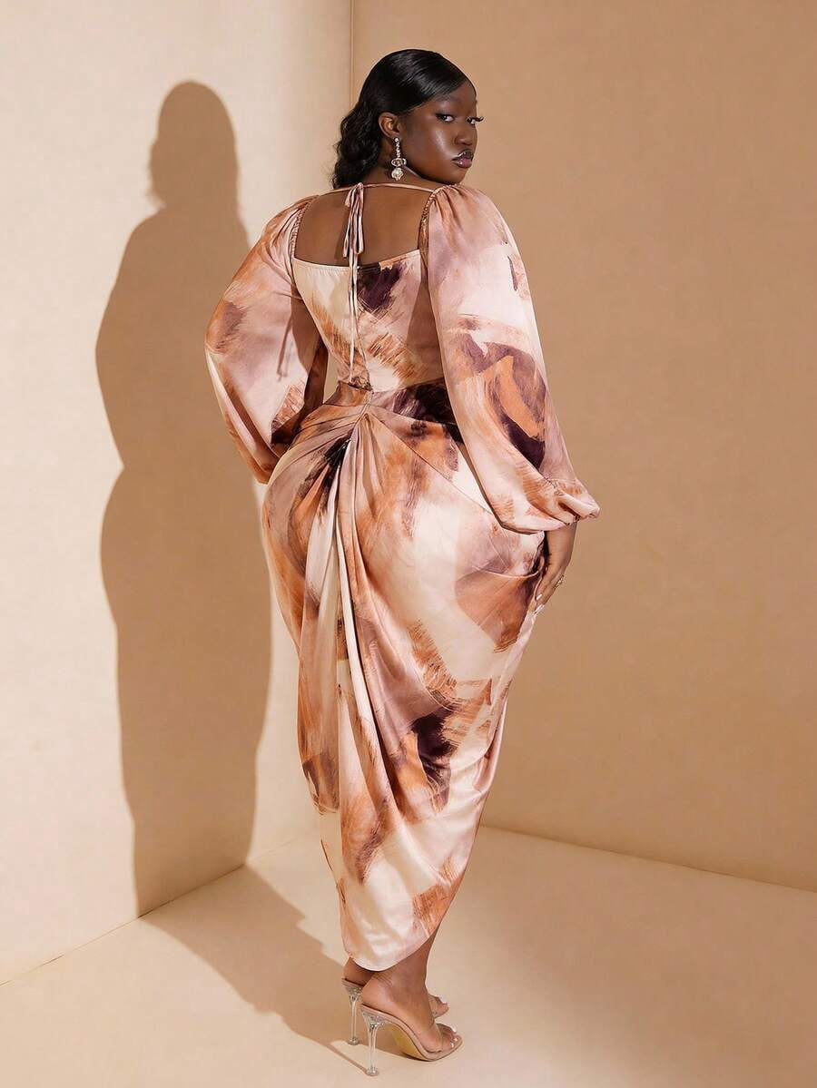 thumbnail image 2 of Multicolor Plus Size Satin Draped Neck Ruched Wrap Dress With Slit, 2 of 4