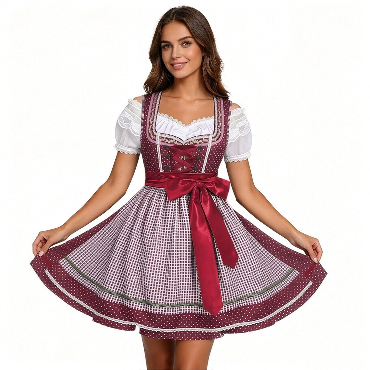 thumbnail image 2 of Women's Oktoberfest Costume Dress Traditional German Bavarian Outfit Dirndl Bow Hair Ties Festival Dress Red 2 M, 2 of 5
