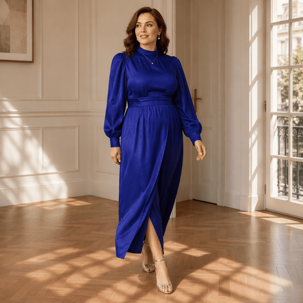 thumbnail image 6 of Plus Size Faux Denim Wrap Waist Maxi Dress, Puff Sleeve Mandarin Collar Front Slit Casual Semi-Formal Dress, 6 of 6