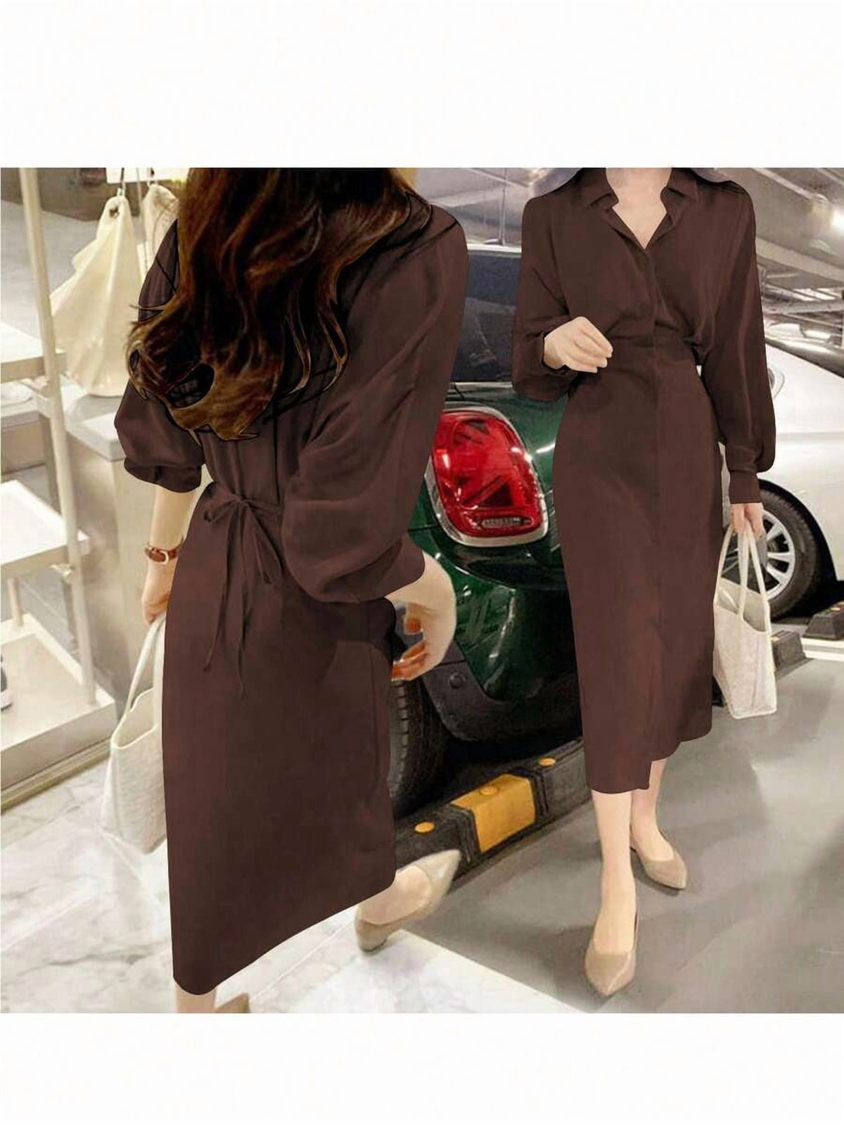 thumbnail image 3 of Coffee Dress, Long Sleeve Button Front Midi with Side Split, 3 of 4