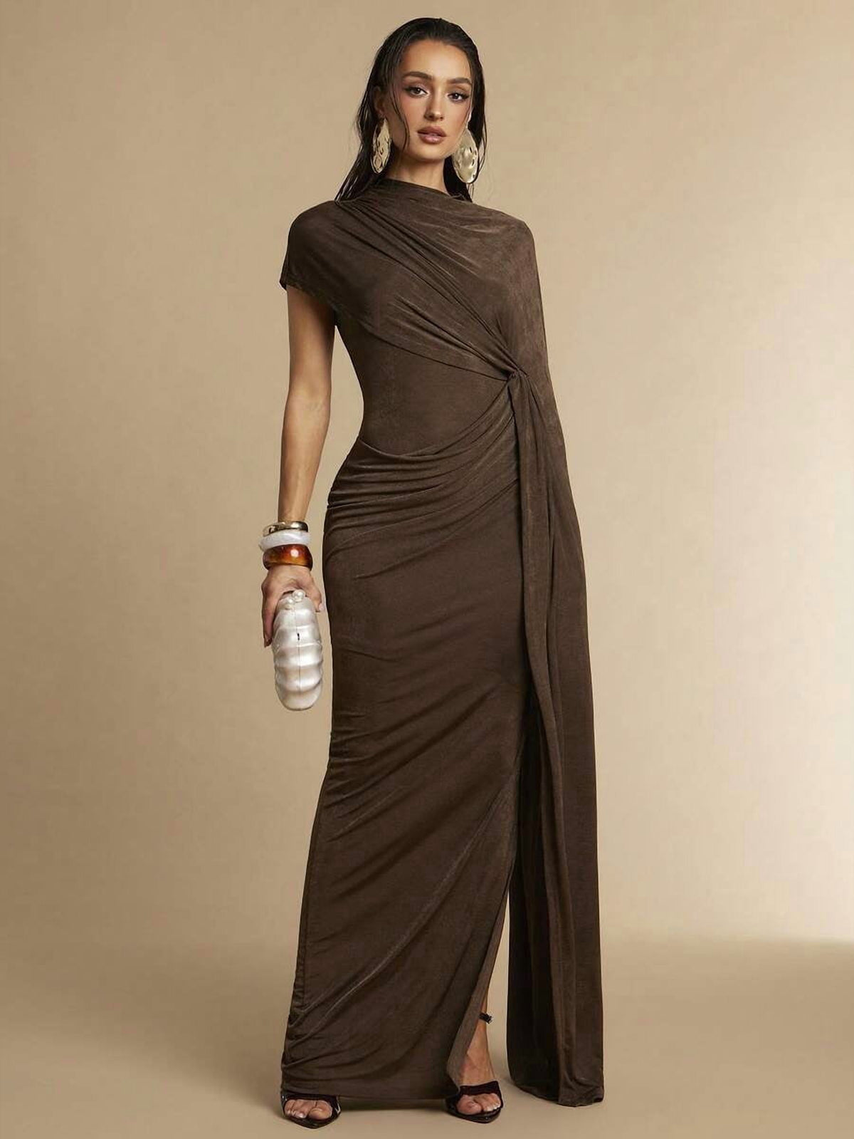 thumbnail image 5 of Elegant Brown Asymmetrical Draped Maxi Dress With Ruched Waist, 5 of 30