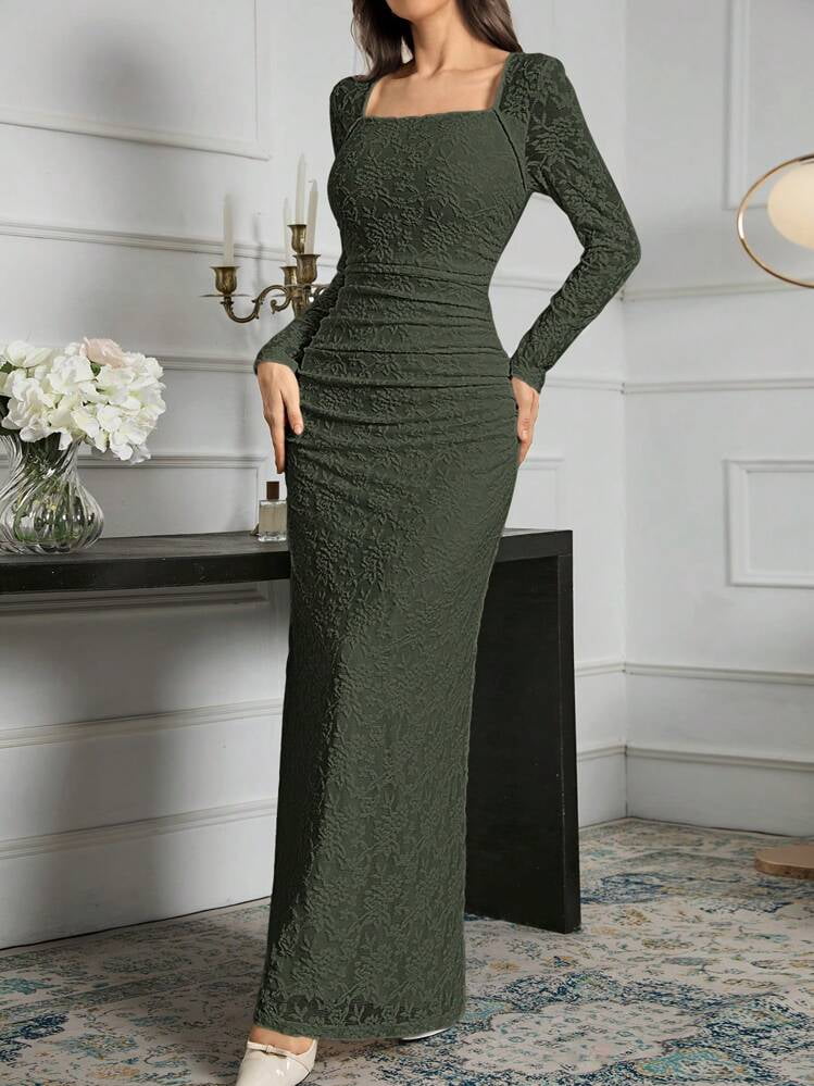 thumbnail image 6 of Dark Green Lace Long Sleeve Square Neck Fitted Evening Dress, 6 of 6