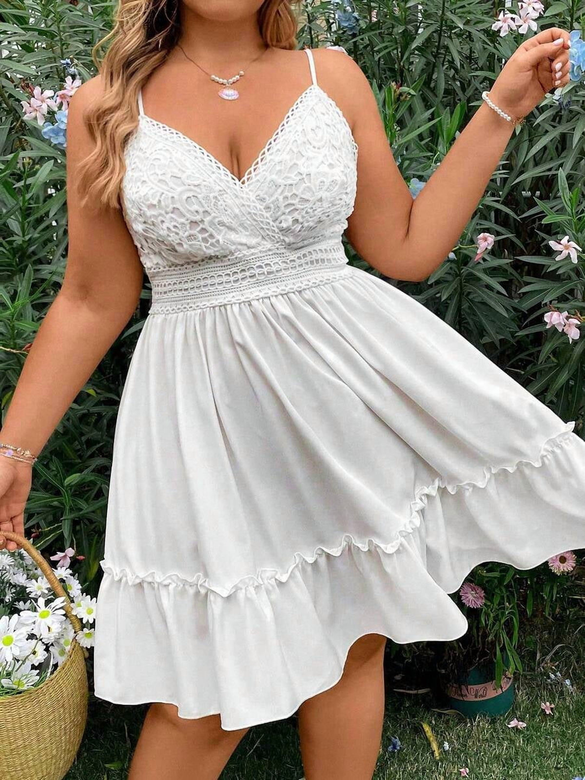 thumbnail image 5 of White Plus Size Lace Cami Dress With Ruffle Hem, 5 of 8