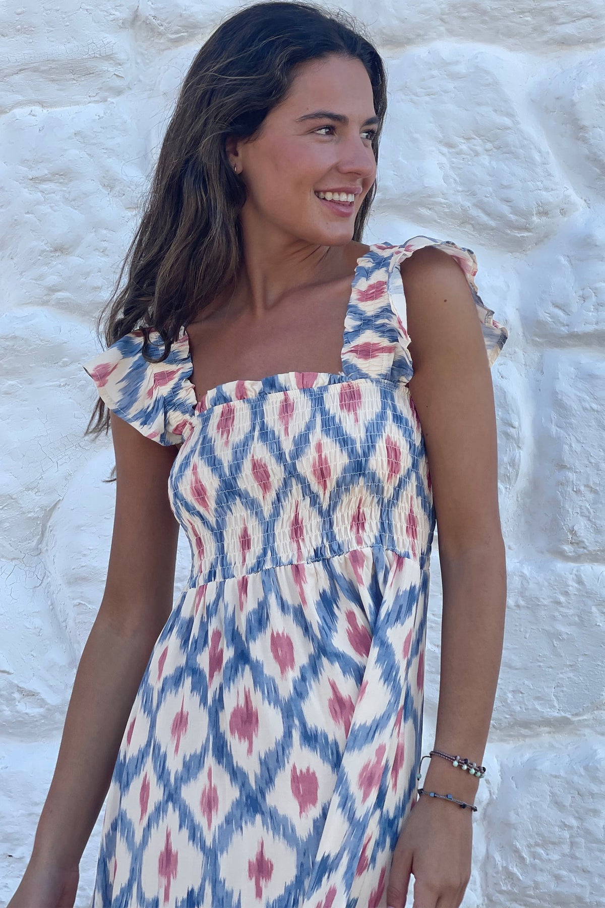 thumbnail image 6 of Women's Sky Blue Geometric Print Maxi Dress – Smocked High Waist Boho Shift Dress for Summer Vacation, XL, 6 of 6