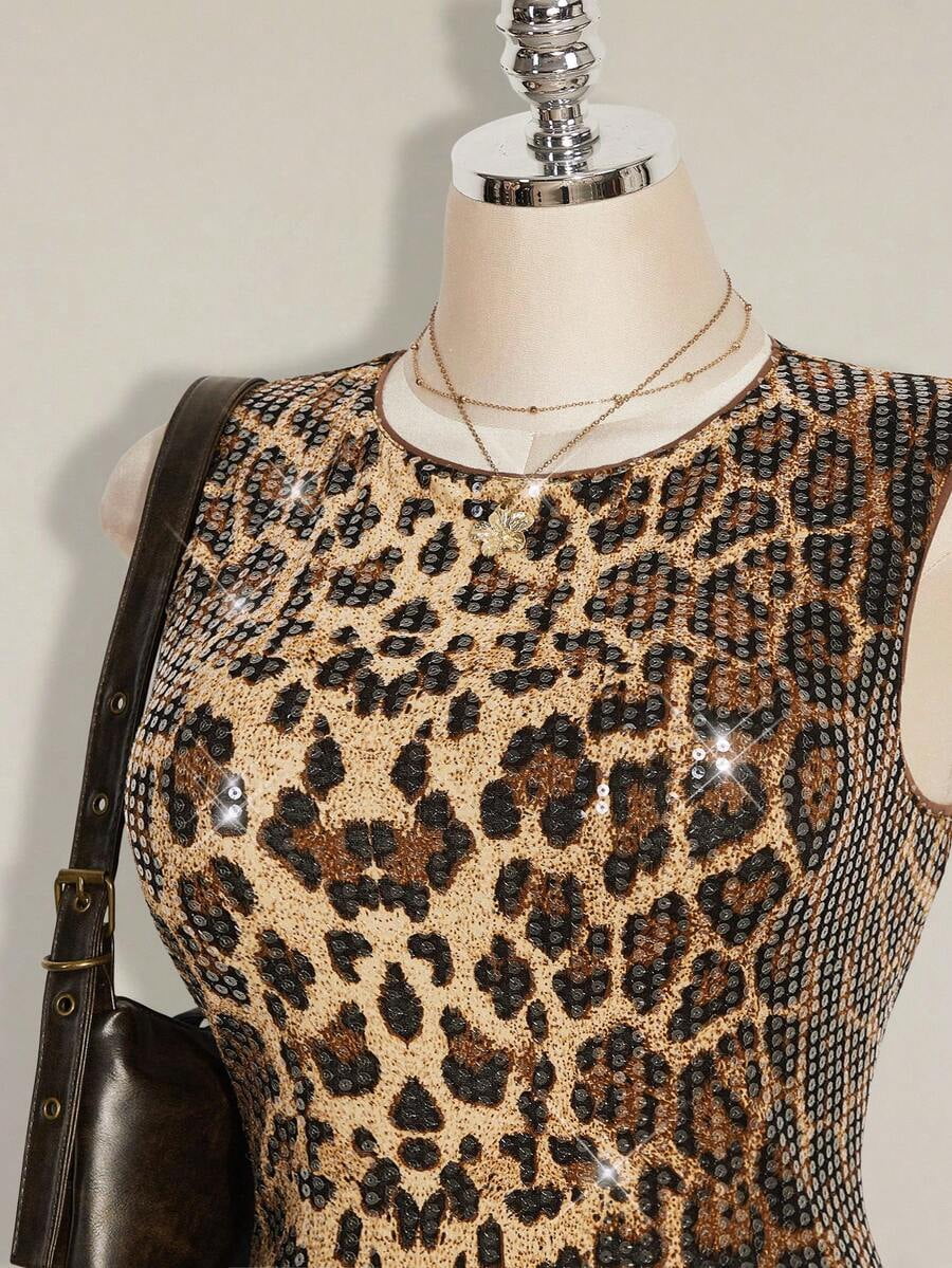 thumbnail image 5 of Multicolor Plus Size Sleeveless Leopard Print Sequin Cocktail Dress, 5 of 9
