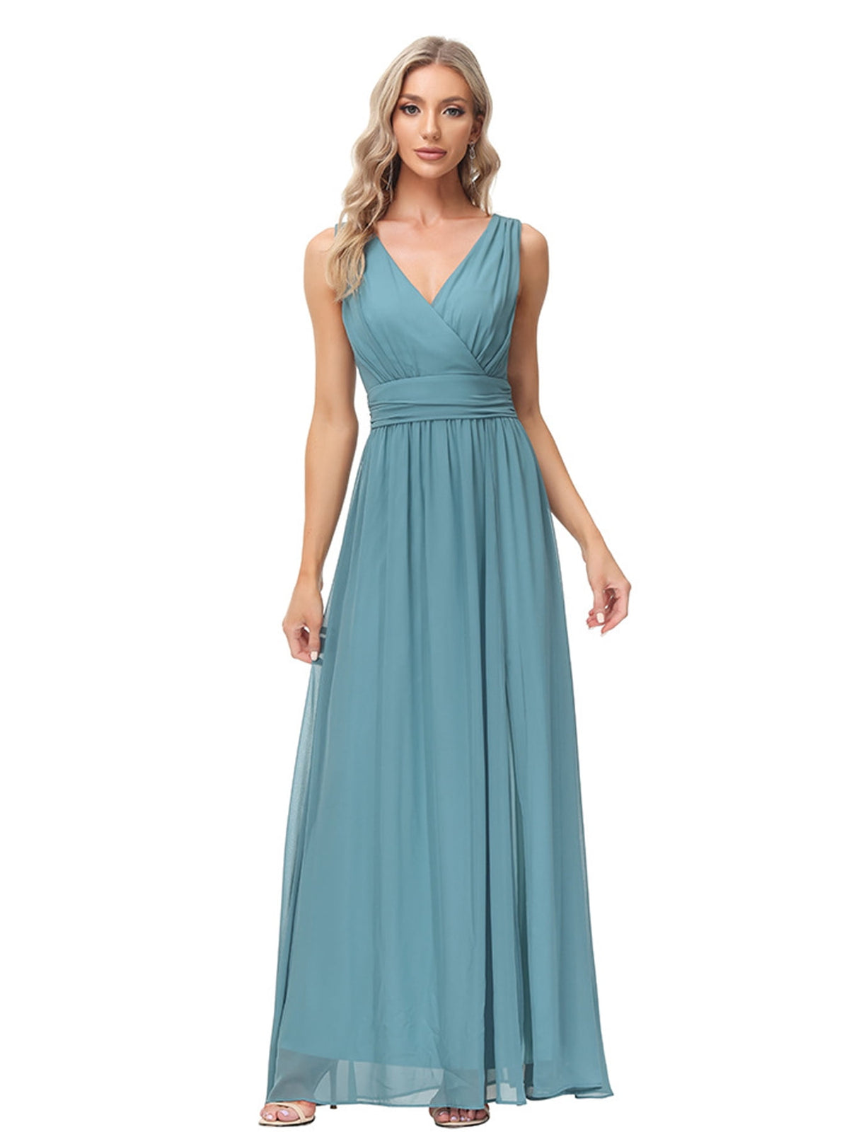 thumbnail image 2 of Beauty-Emily One Piece Elegant Women's Chiffon Maxi Formal Dress, Sleeveless V-Neck Mesh Tulle Bridesmaid Long Gown, Breathable Summer Evening Dress for Wedding Guest, Prom, Party & Banquet Occasions, 2 of 7