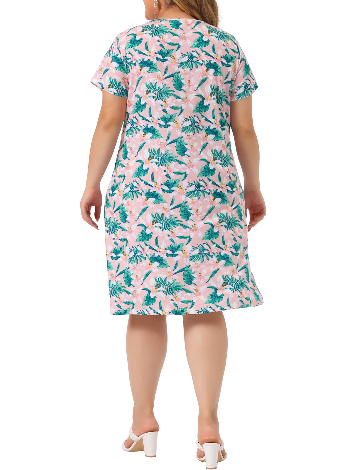 thumbnail image 3 of NOMADIC NOOK Women's Plus Size Flared Dresses and Round Neck Short Sleeves Floral Pleated Summer Midi Dress 3X Pink White/Pink Green, 3 of 7
