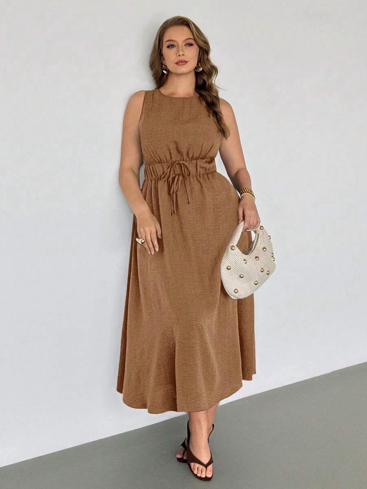 thumbnail image 6 of Womens Sleeveless Camel A-Line Dress With Elasticated Tie Waist And Pockets, 6 of 8