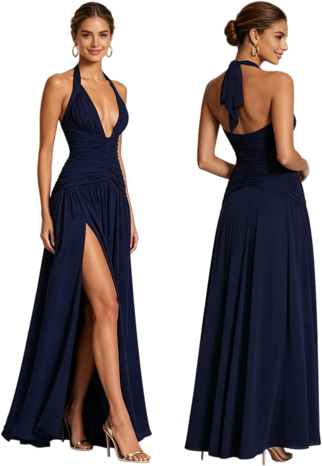 thumbnail image 6 of BABOMAREON Women's Halter V Neck Wedding Guest Maxi Dress Sexy High Slit Beach Vacation Long Formal Dresses, 6 of 10