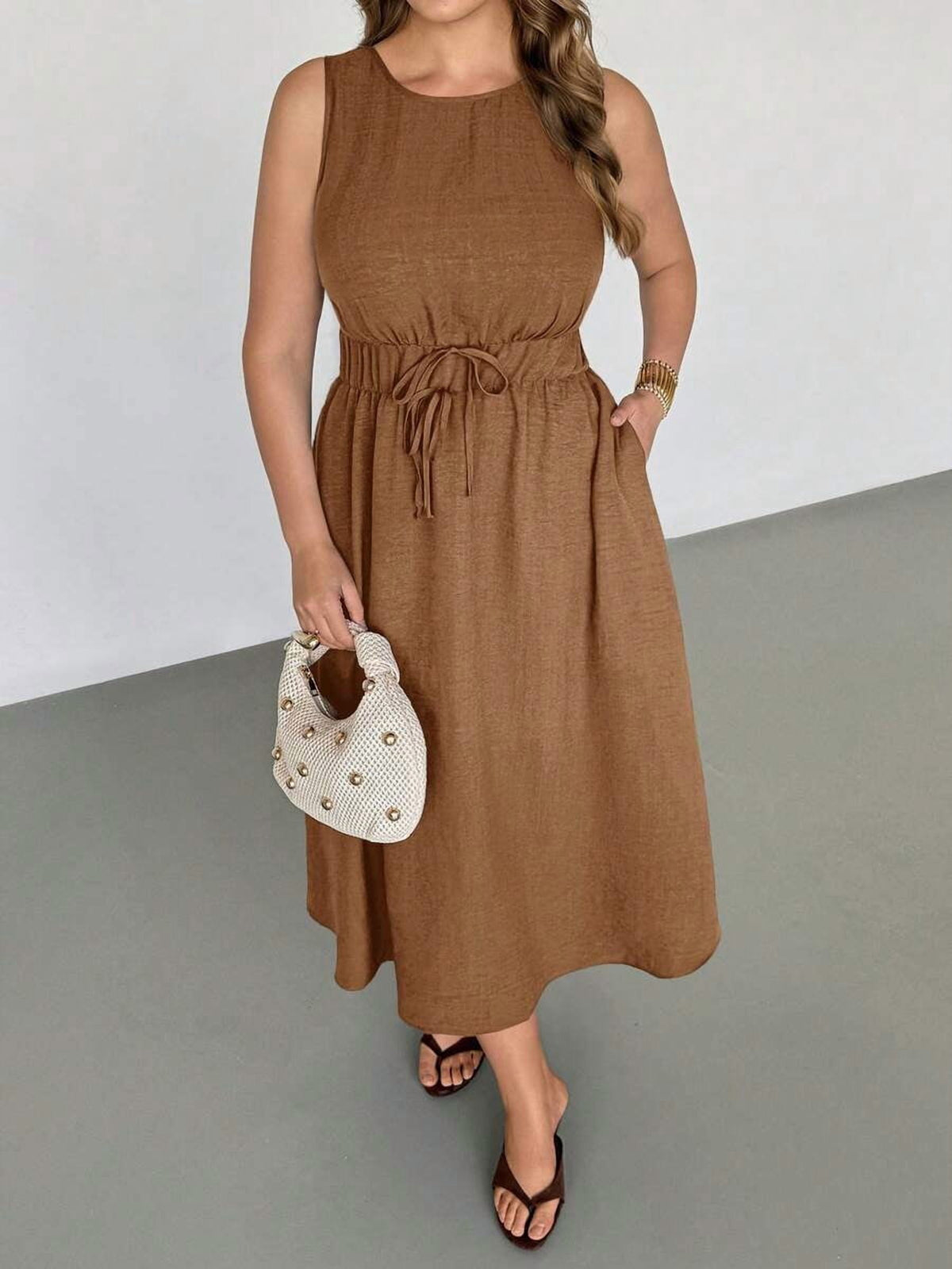 thumbnail image 2 of Womens Sleeveless Camel A-Line Dress With Elasticated Tie Waist And Pockets, 2 of 8