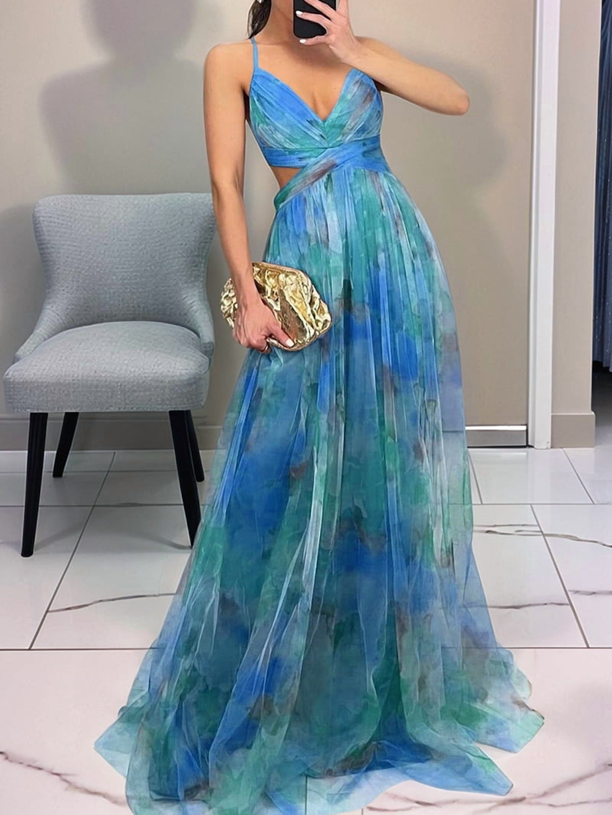 thumbnail image 4 of Women'S Floral Strappy Dress Low Cut Tie Front High Waist Slit Maxi Printed Summer Dress Green L, 4 of 6