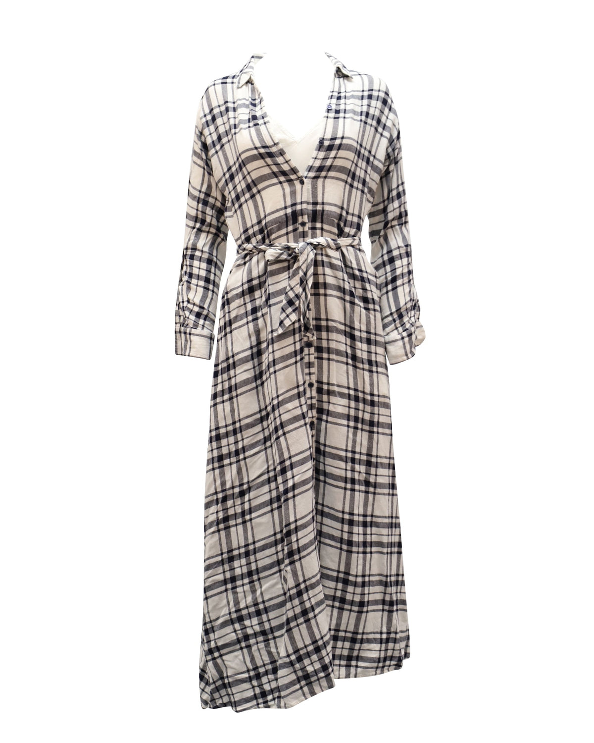 thumbnail image 1 of Pre-Owned Theory Checkered V-Neck Longsleeve Maxi Dress in White Viscose, 1 of 3