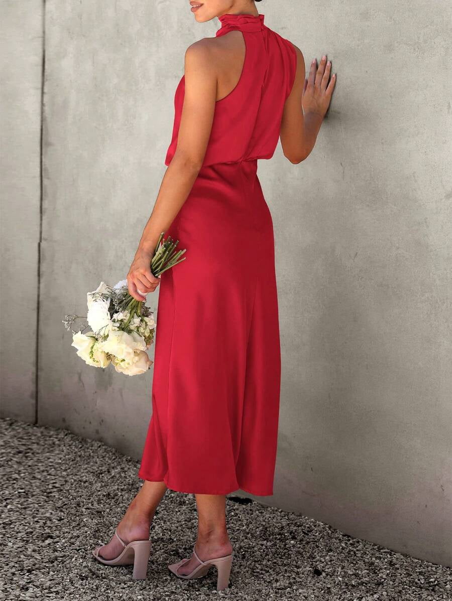 thumbnail image 2 of Bright Red Satin Sleeveless Cowl Neck Midi Cocktail Dress, 2 of 30