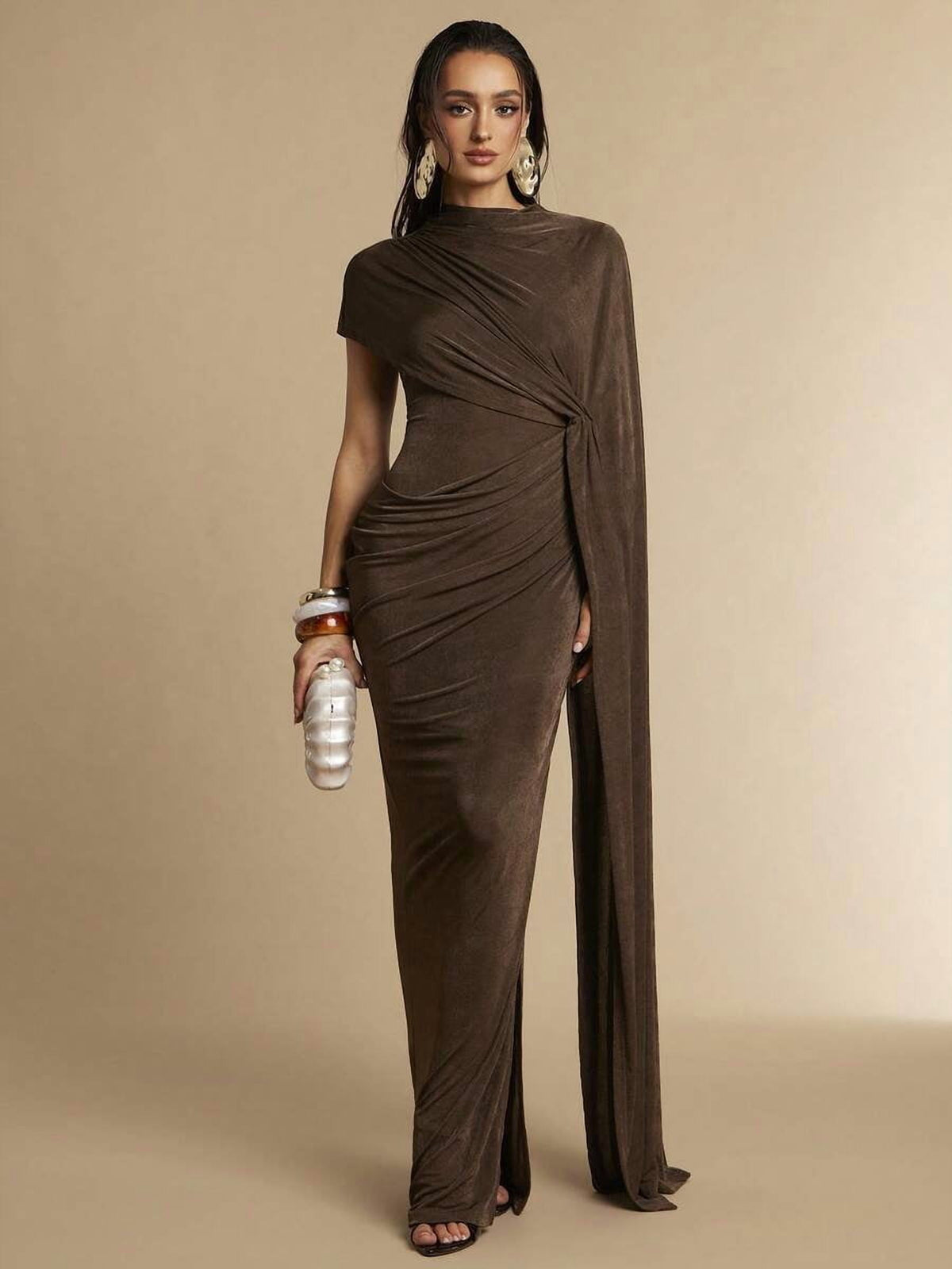thumbnail image 3 of Elegant Brown Asymmetrical Draped Maxi Dress With Ruched Waist, 3 of 30