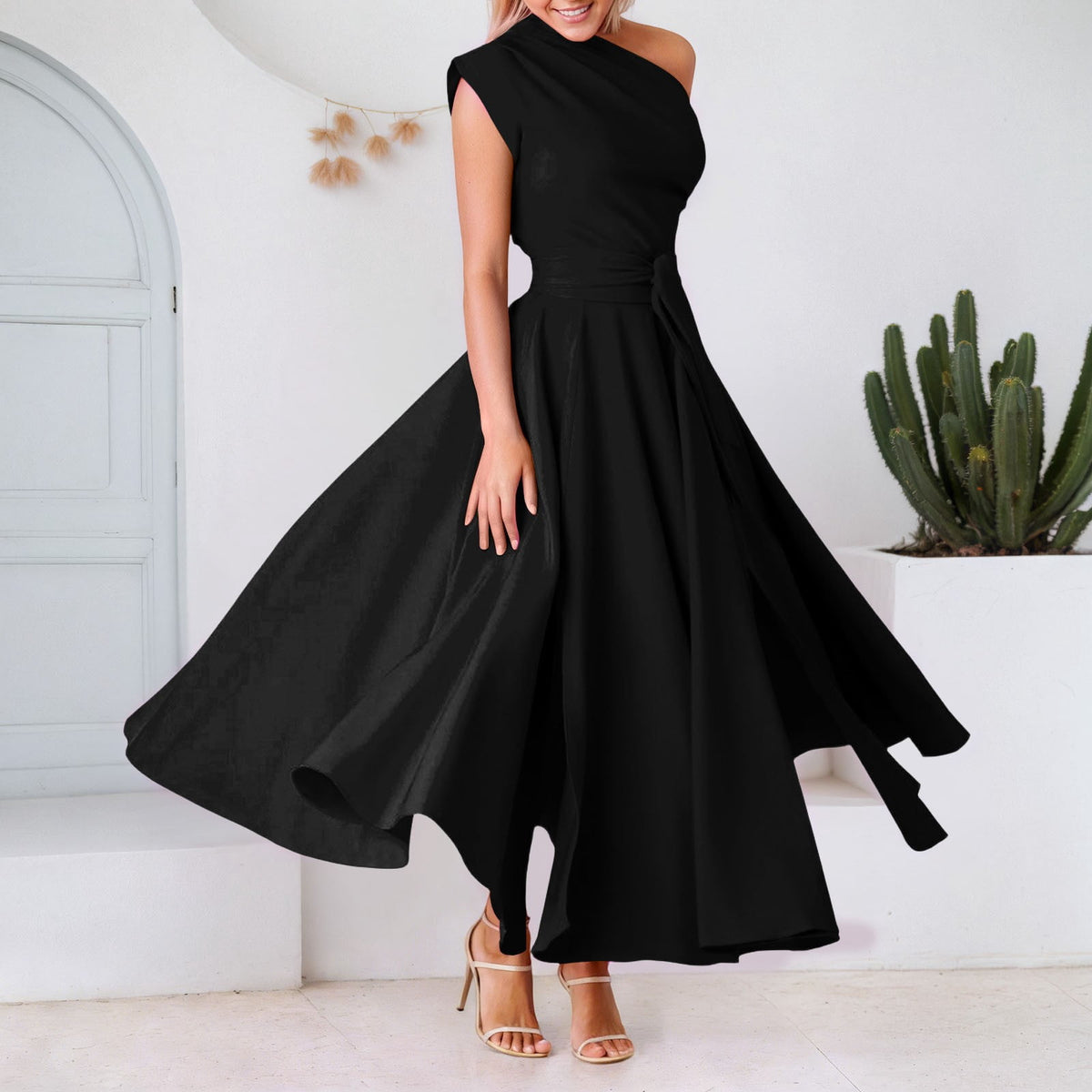 thumbnail image 2 of XIAOCHA One‑Shoulder Maxi Dress for Women Solid Sleeveless Dresses Summer Party Shift Dress, Sizes L, 2 of 7