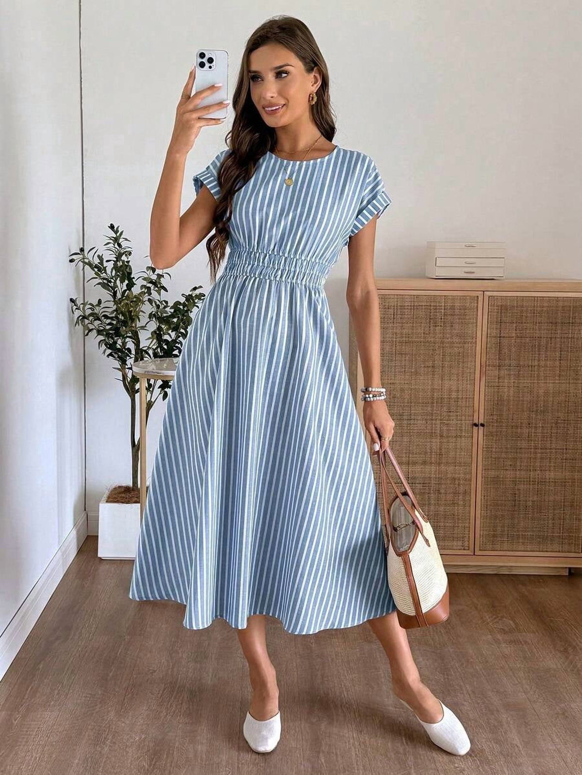 thumbnail image 5 of Womens Blue And White Striped Ruched Waist Midi Dress Summer Vacation, 5 of 9