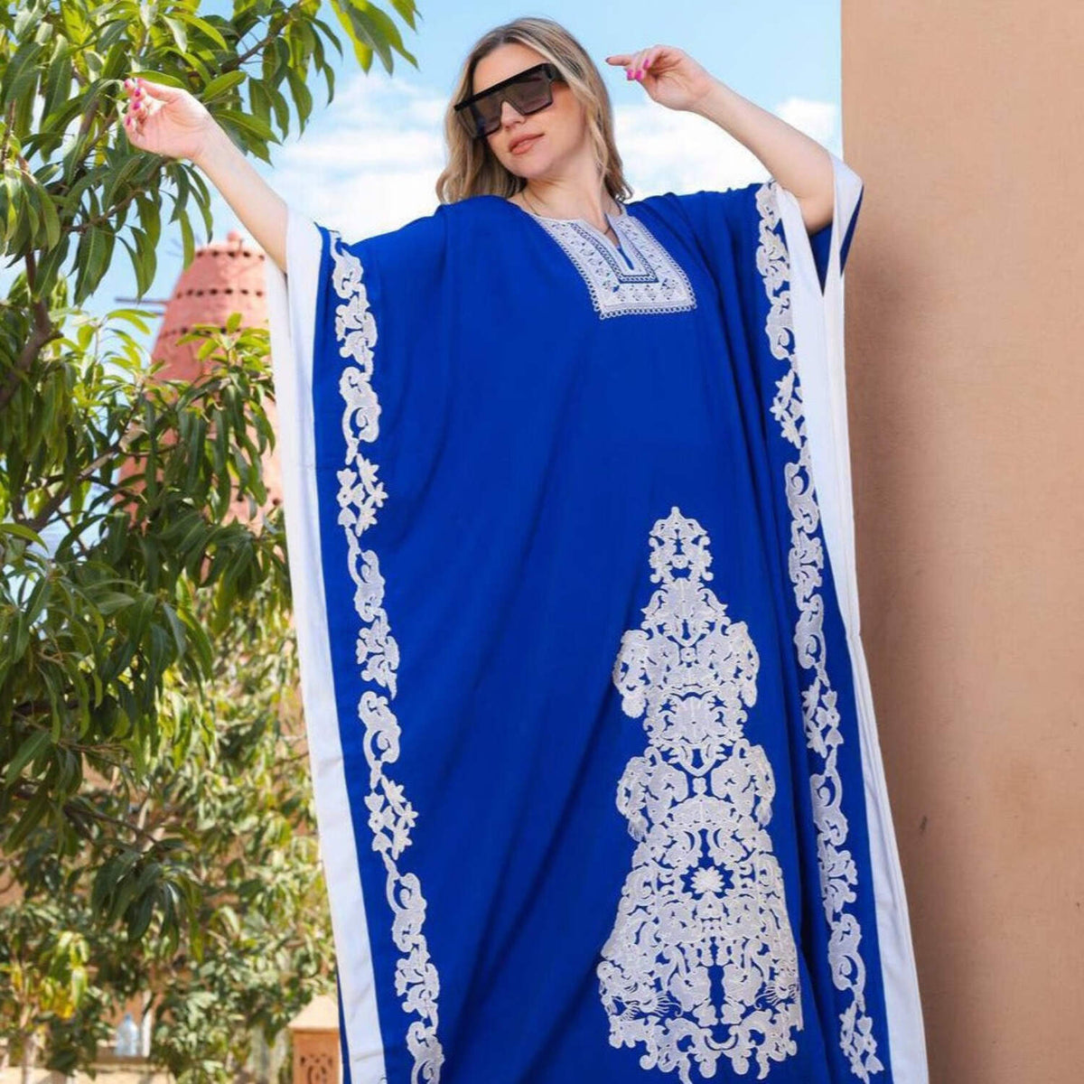 thumbnail image 2 of Amazing Blue plus size embroidered Kaftan, Loose fit Bohemian Caftan, 2 of 6