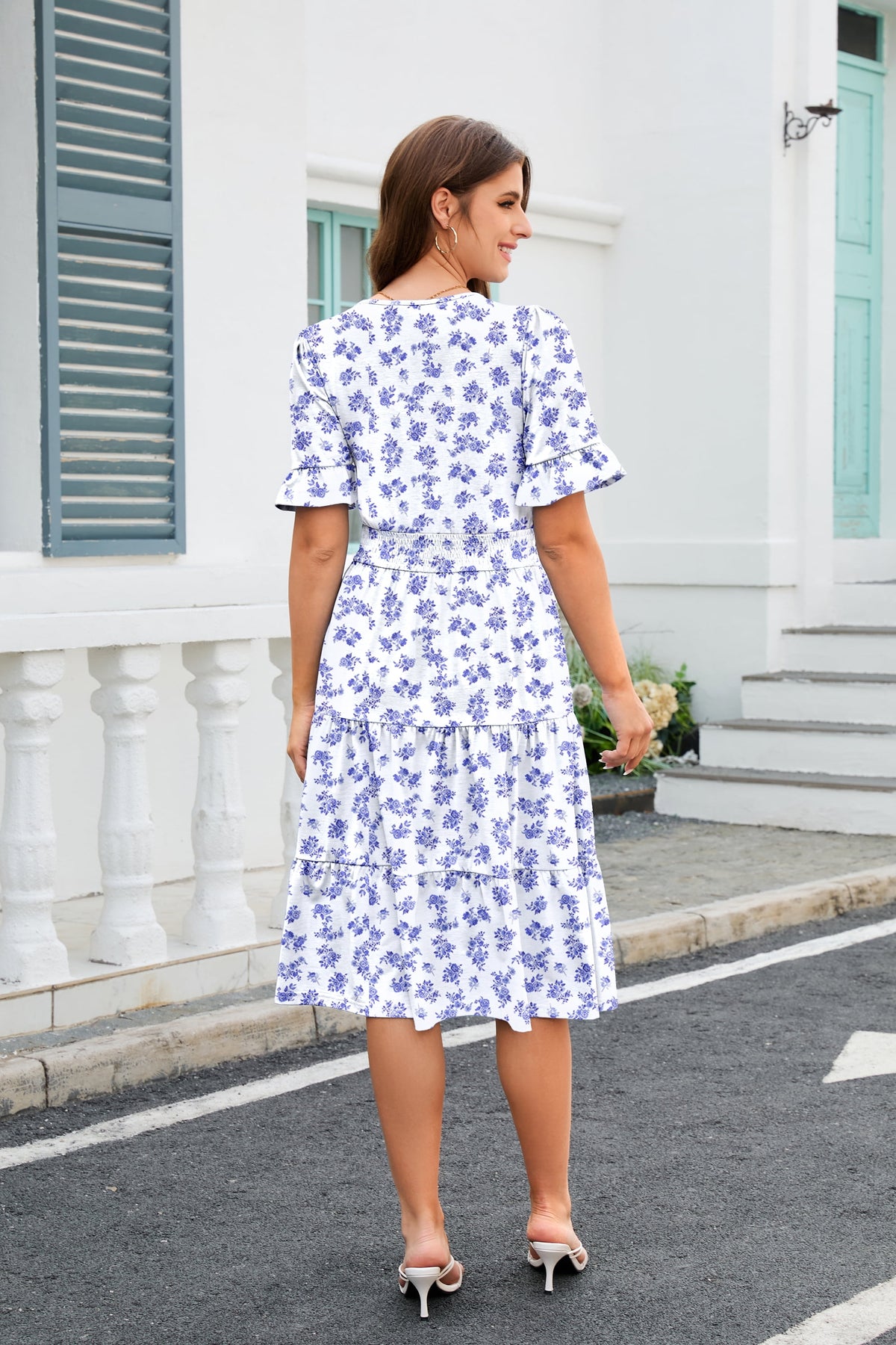 thumbnail image 5 of Zeagoo Floral Midi A-Line Dress Women's Boho V-Neck Spring Summer Dress Layer Ruffle Hem Cute Dress, 5 of 8