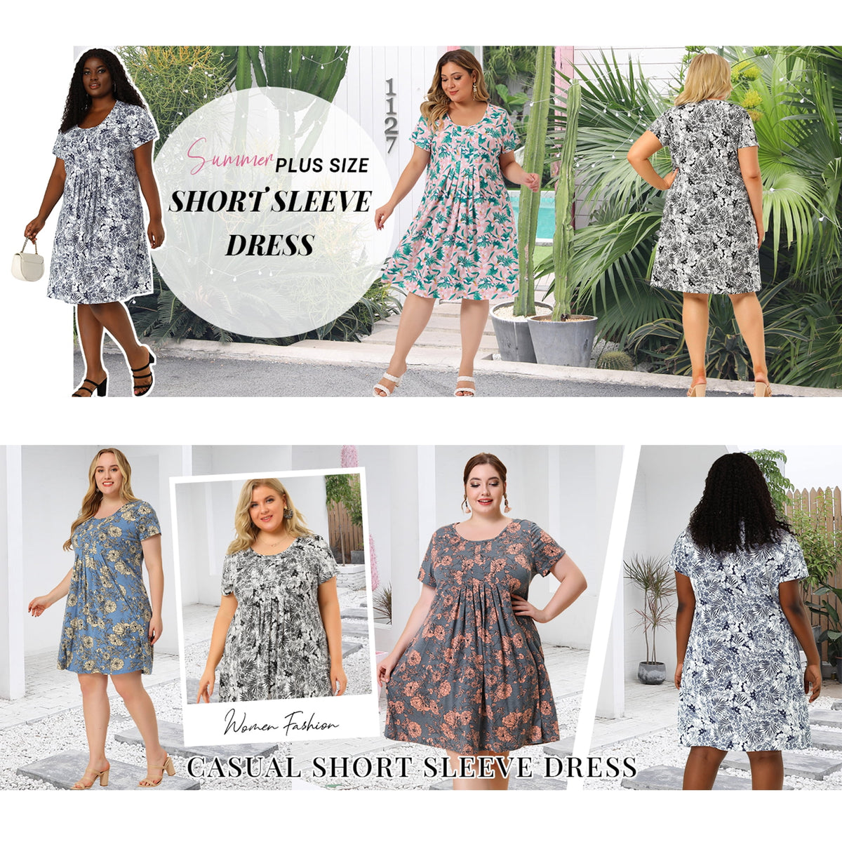 thumbnail image 6 of NOMADIC NOOK Women's Plus Size Flared Dresses and Round Neck Short Sleeves Floral Pleated Summer Midi Dress 3X Pink White/Pink Green, 6 of 7