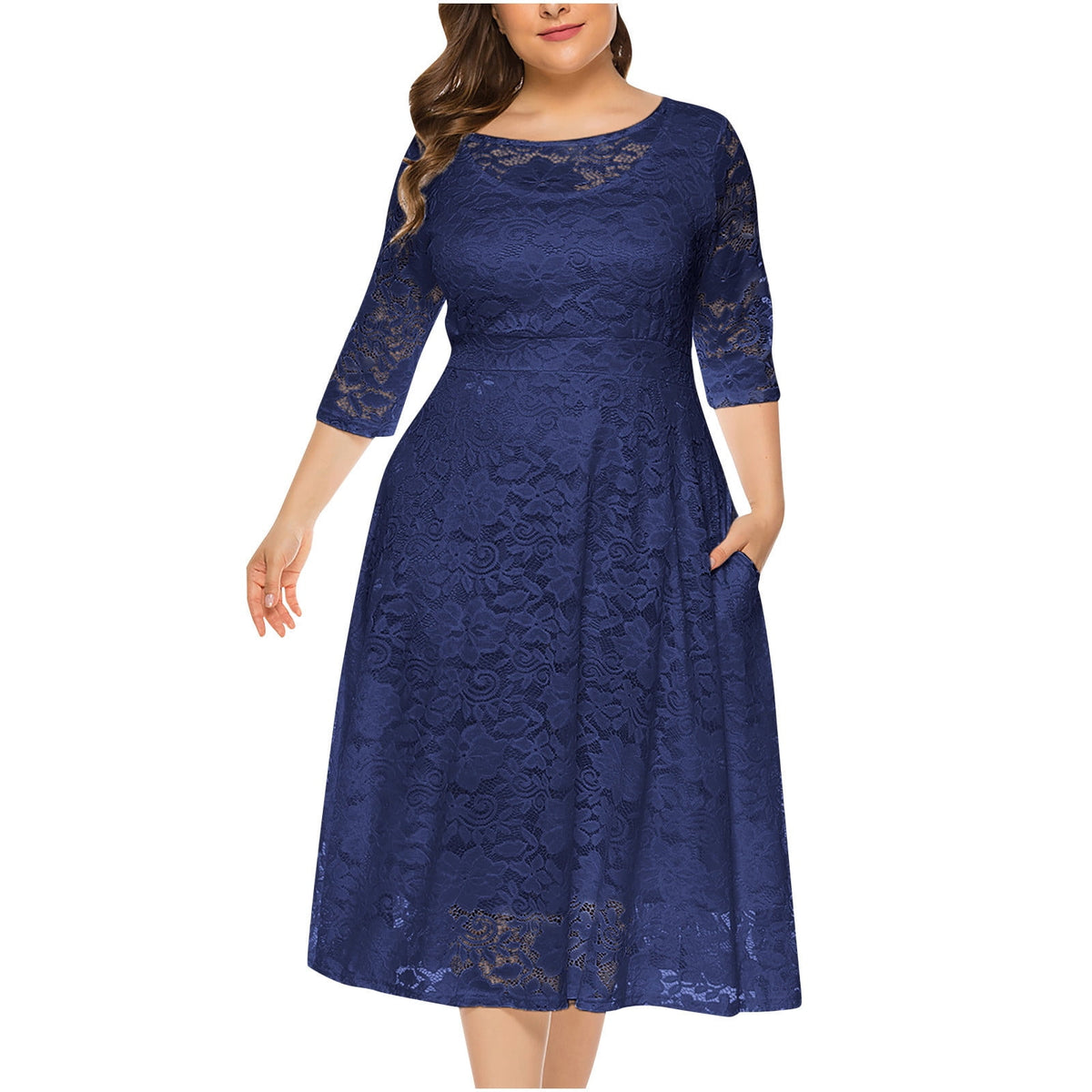 thumbnail image 1 of gakvbuo Plus Size Dresses For Curvy Women Wedding Guest Fall Dresses For Women 2023 Women's Large Size Hollow Lace Pocket Dress Evening Dress Long Skirt, 1 of 4