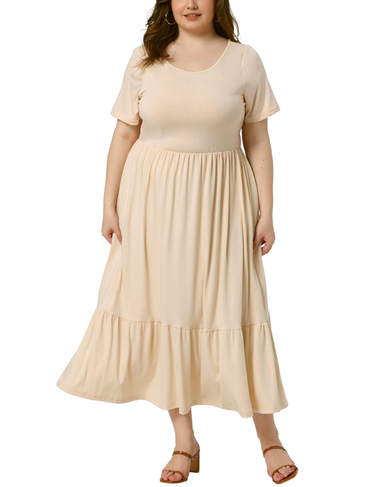 thumbnail image 1 of Agnes Orinda Women's Plus Size Dresses Short Sleeves Crew Neck Basic Swing Summer Maxi Shirt Dress 4X Apricot, 1 of 6